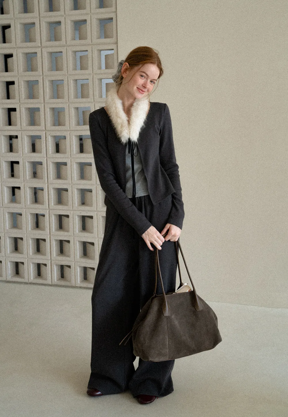 Faux Fur Collar Cardigan and Wide Leg Casual Pants