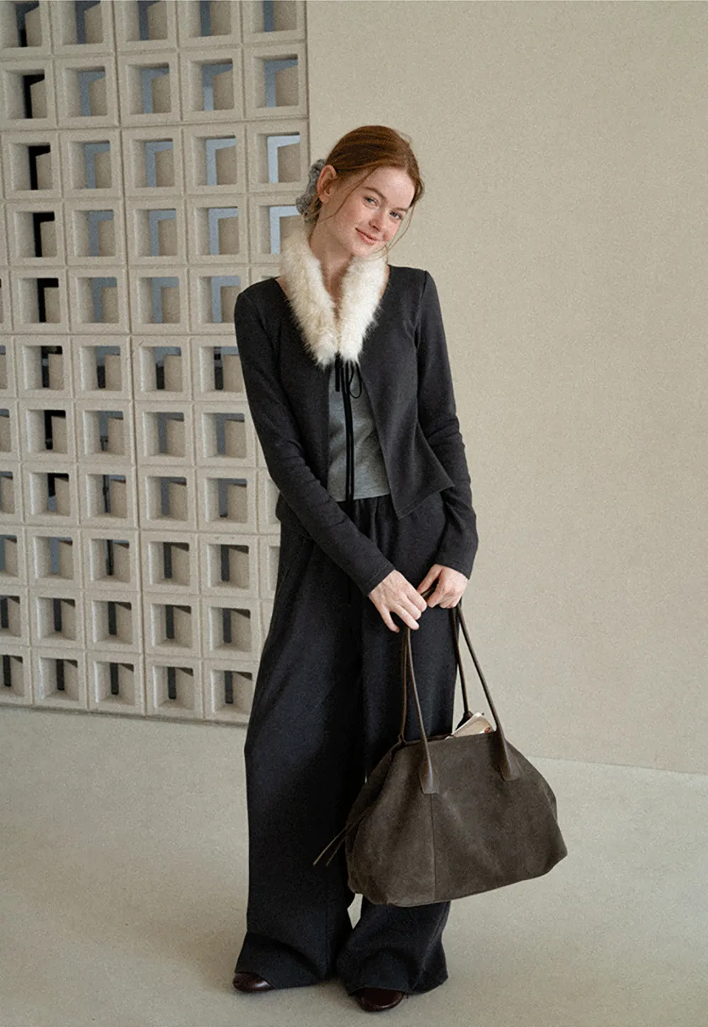 Faux Fur Collar Cardigan and Wide Leg Casual Pants