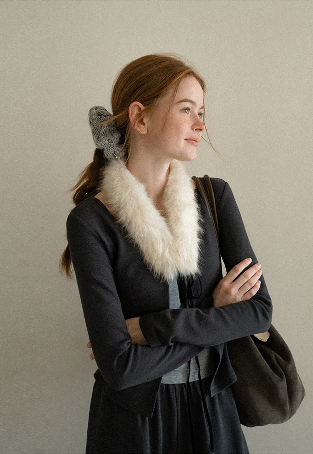 Faux Fur Collar Cardigan and Wide Leg Casual Pants