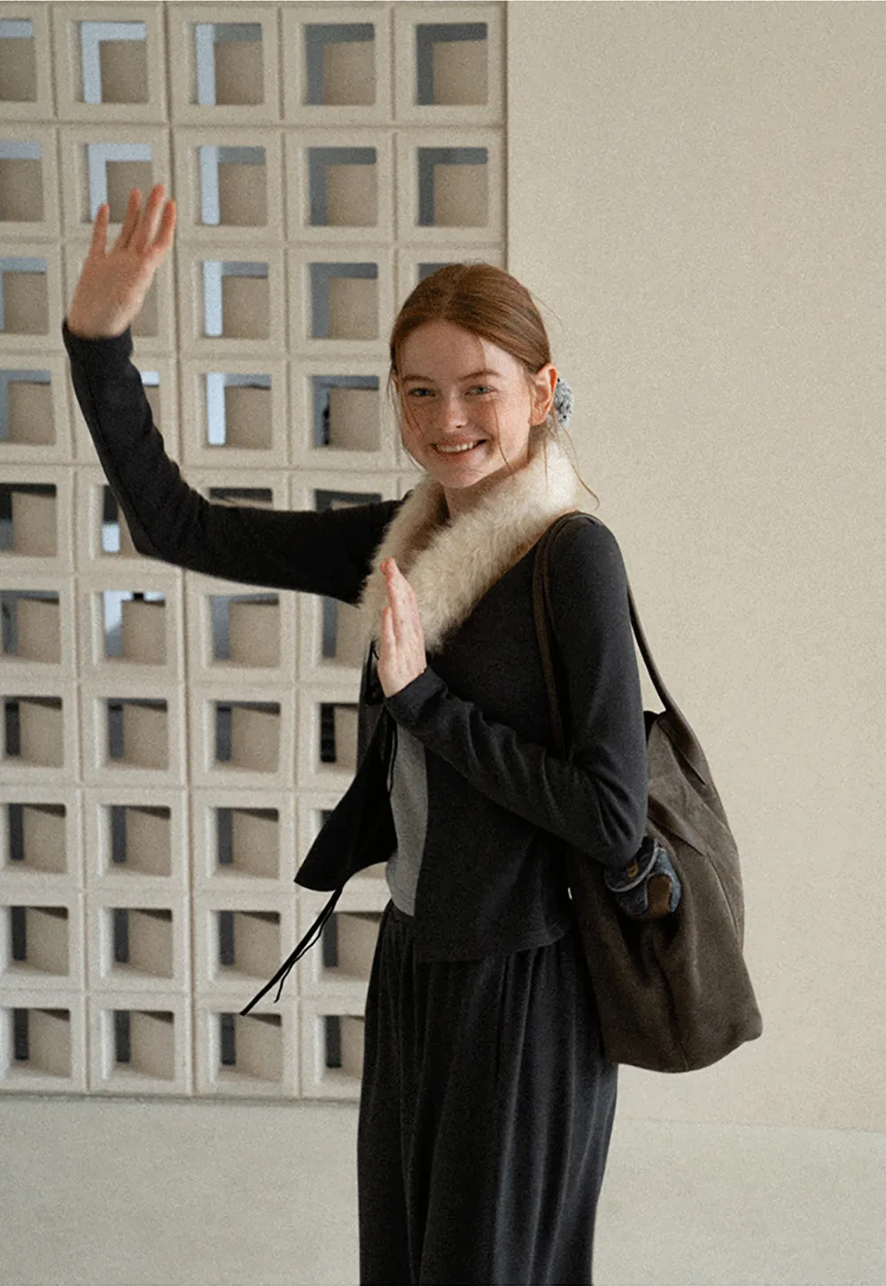 Faux Fur Collar Cardigan and Wide Leg Casual Pants