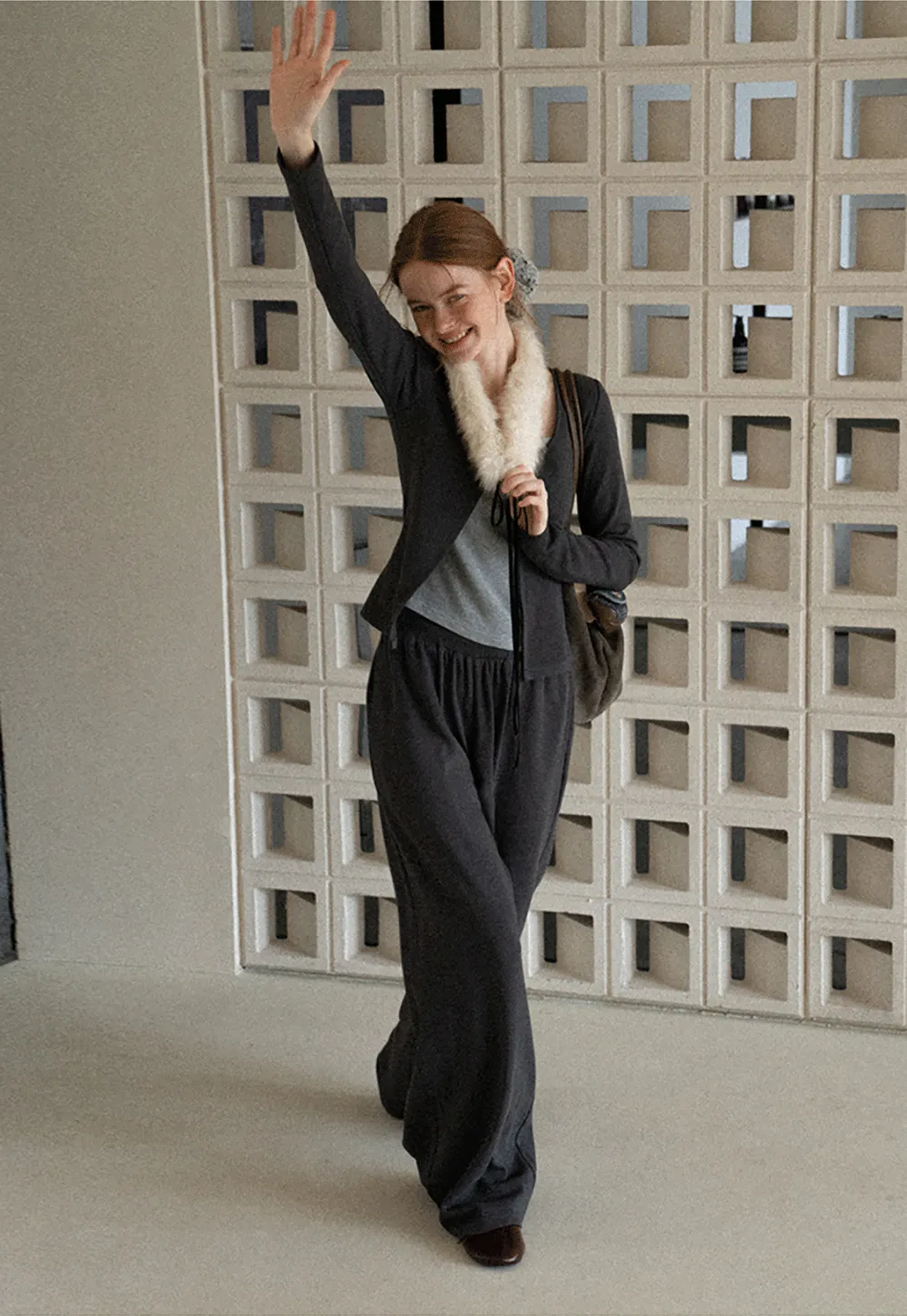 Faux Fur Collar Cardigan and Wide Leg Casual Pants