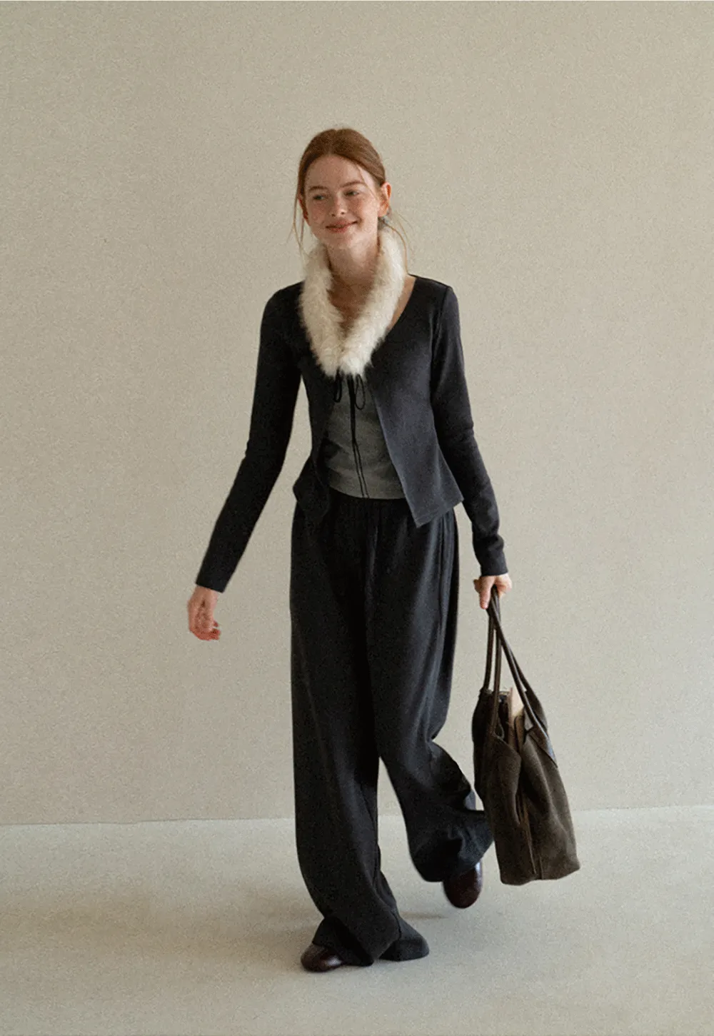Faux Fur Collar Cardigan and Wide Leg Casual Pants