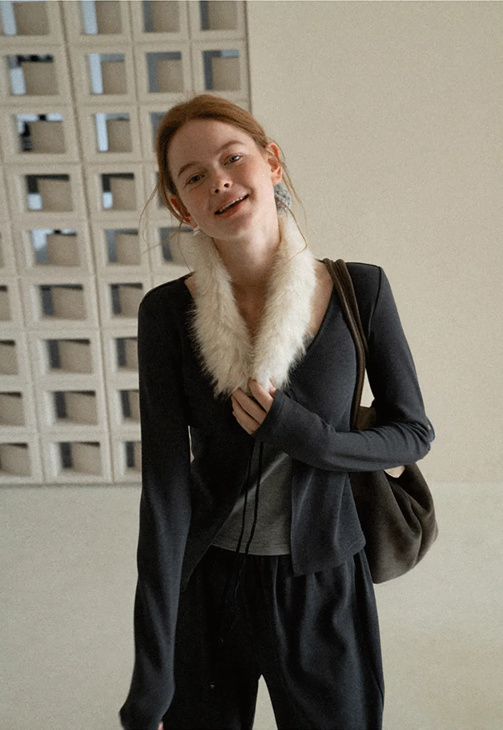Faux Fur Collar Cardigan and Wide Leg Casual Pants
