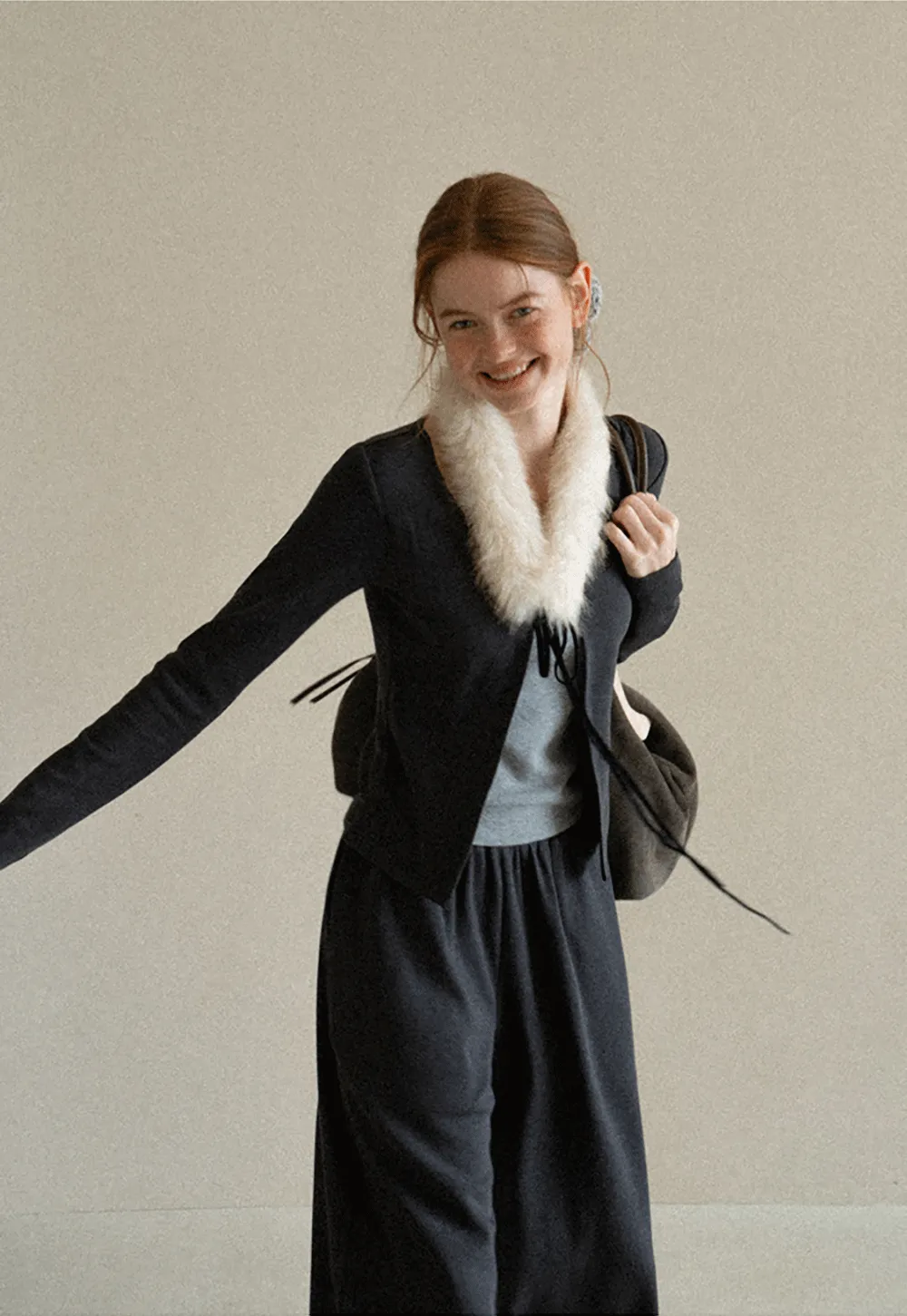 Faux Fur Collar Cardigan and Wide Leg Casual Pants