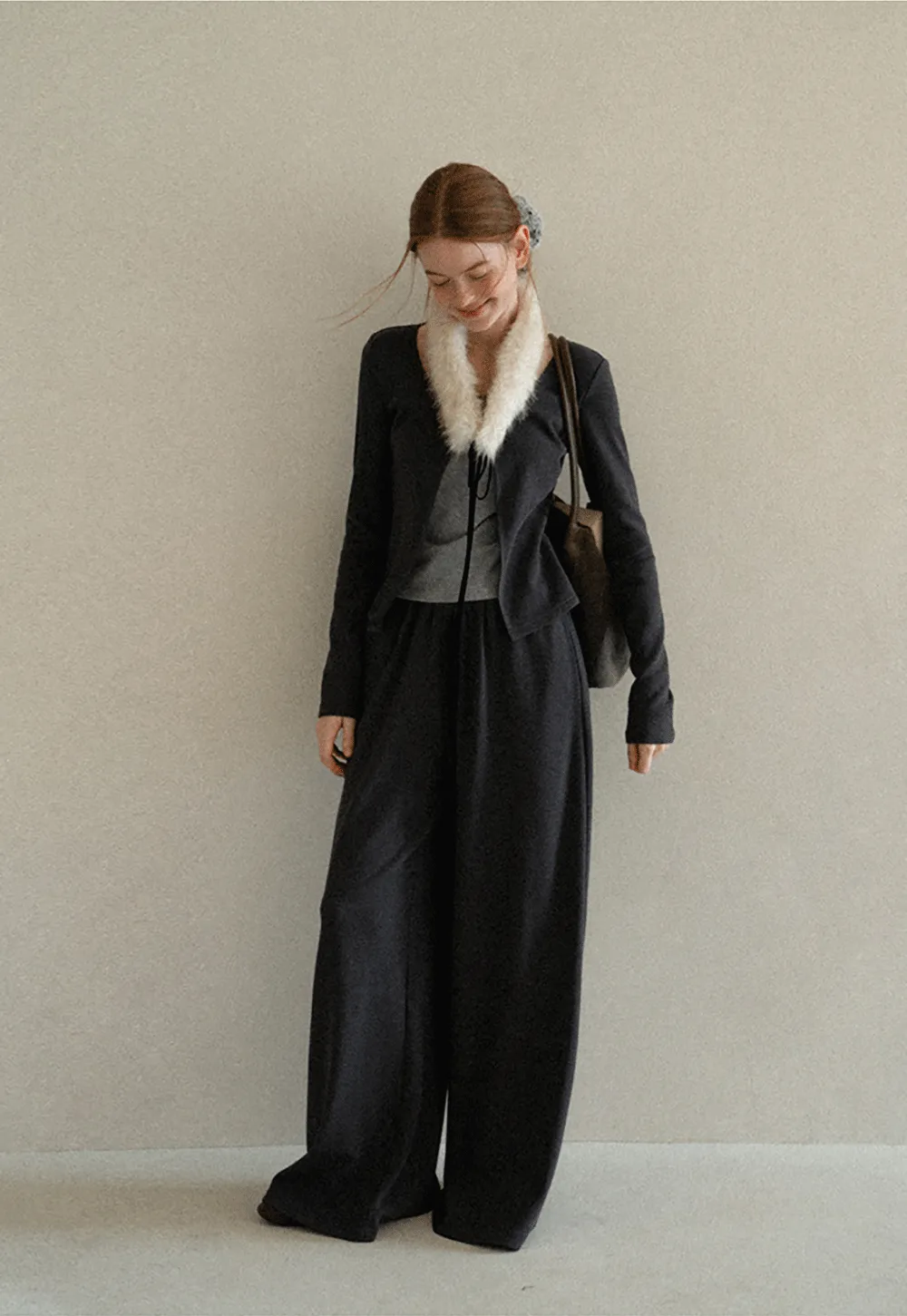 Faux Fur Collar Cardigan and Wide Leg Casual Pants