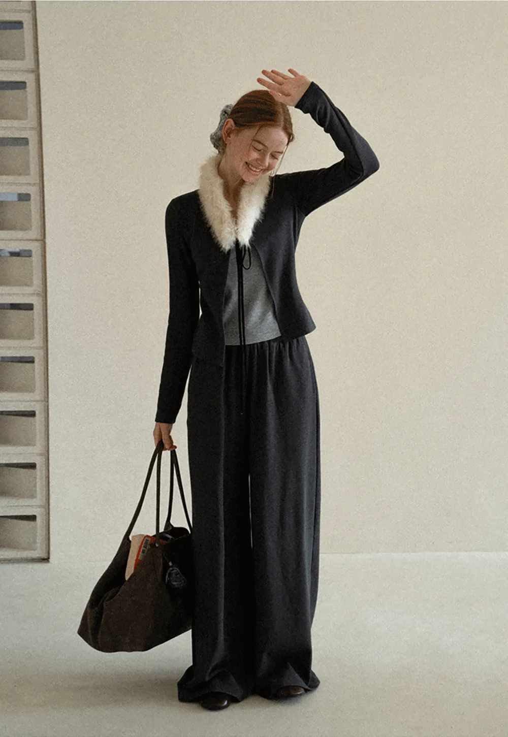 Faux Fur Collar Cardigan and Wide Leg Casual Pants