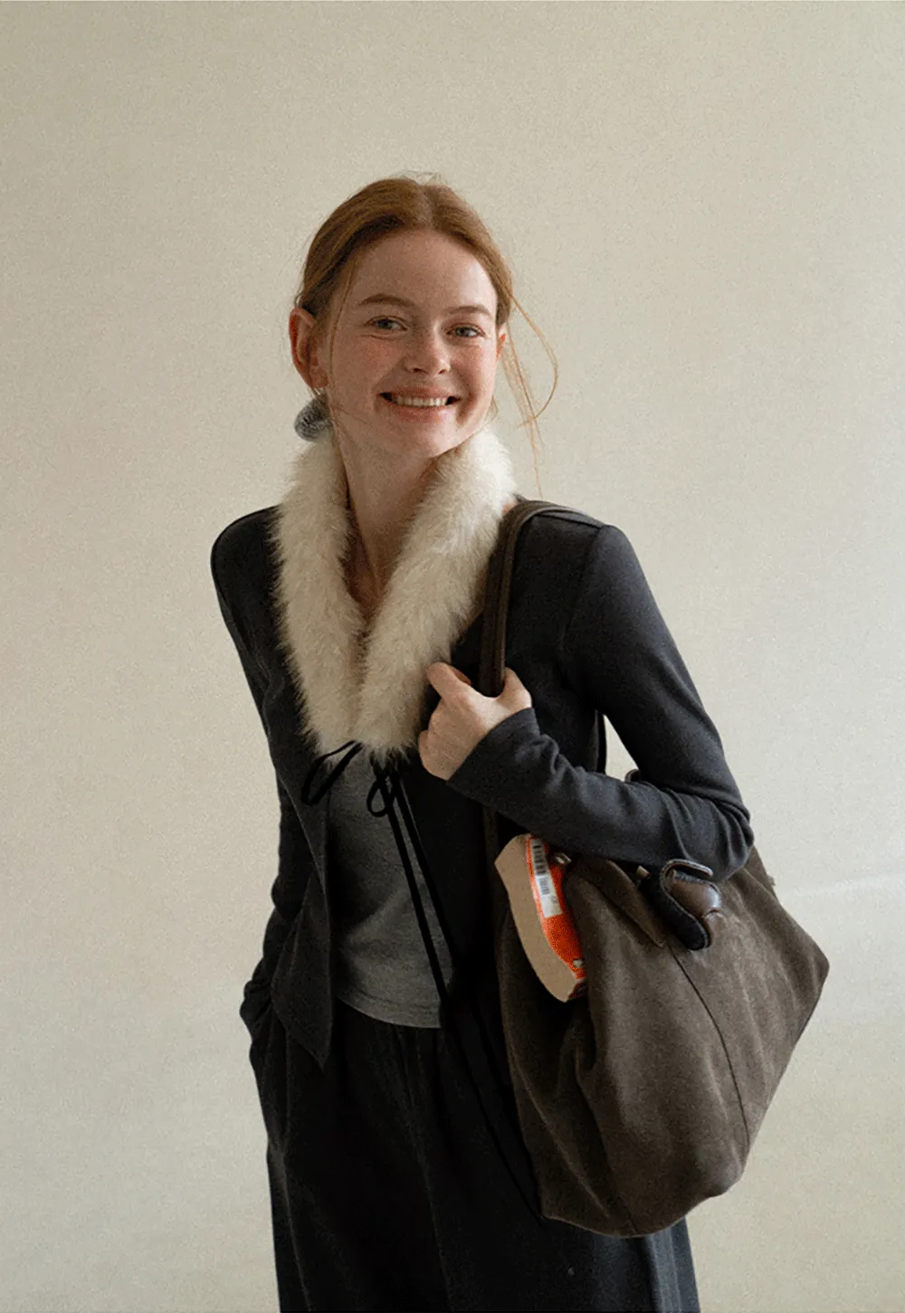 Faux Fur Collar Cardigan and Wide Leg Casual Pants