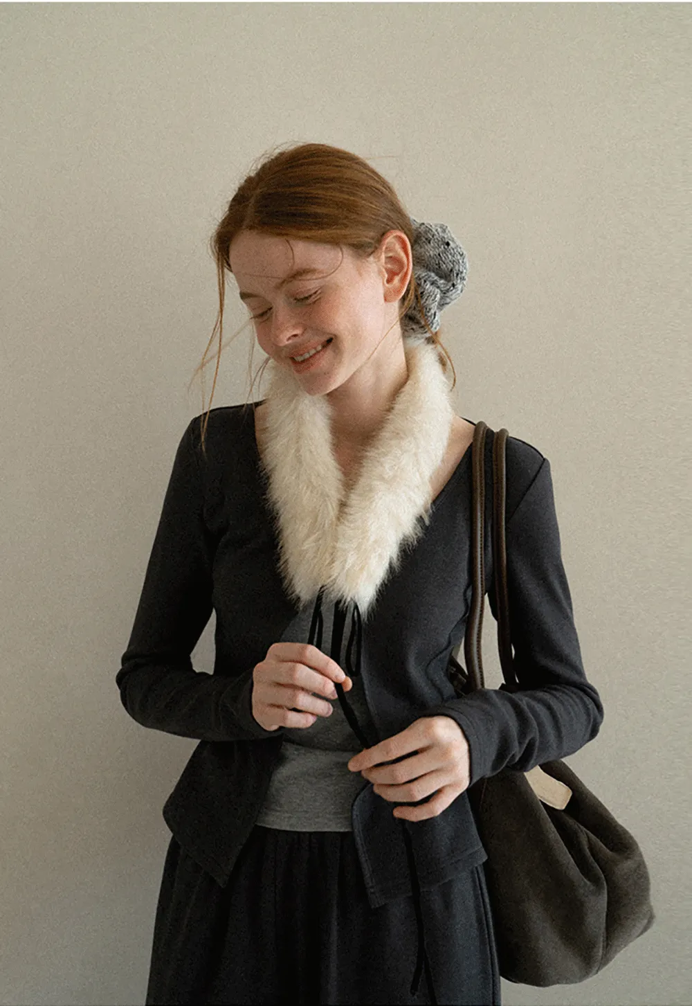Faux Fur Collar Cardigan and Wide Leg Casual Pants