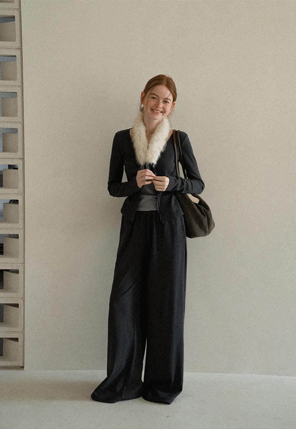 Faux Fur Collar Cardigan and Wide Leg Casual Pants
