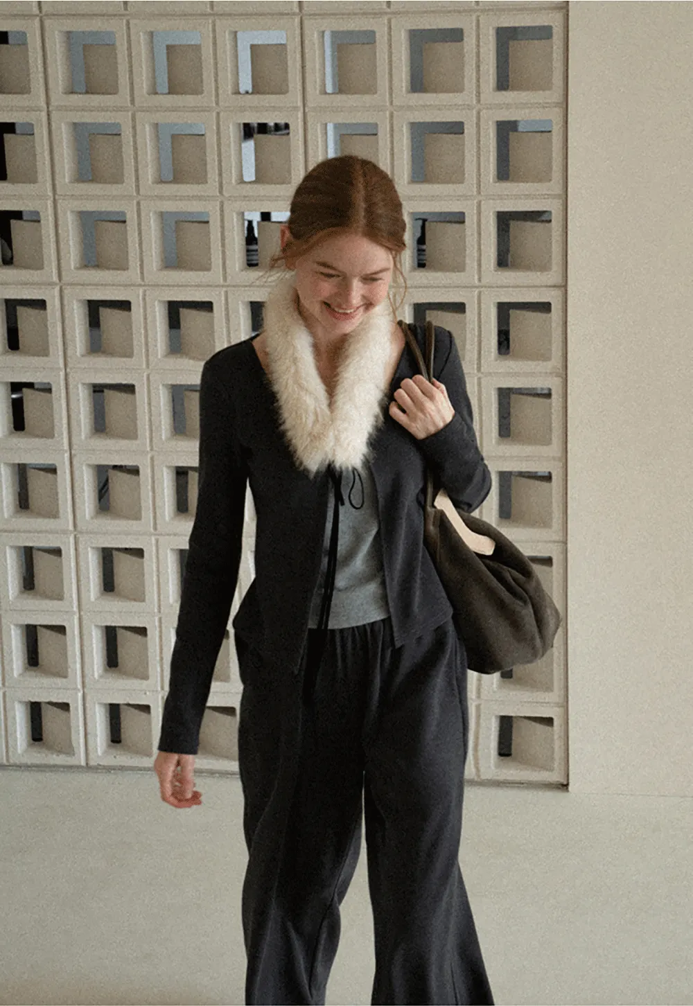 Faux Fur Collar Cardigan and Wide Leg Casual Pants