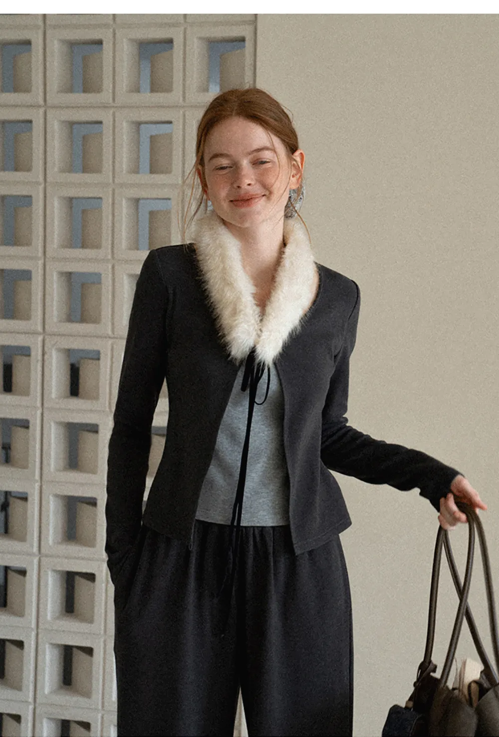 Faux Fur Collar Cardigan and Wide Leg Casual Pants
