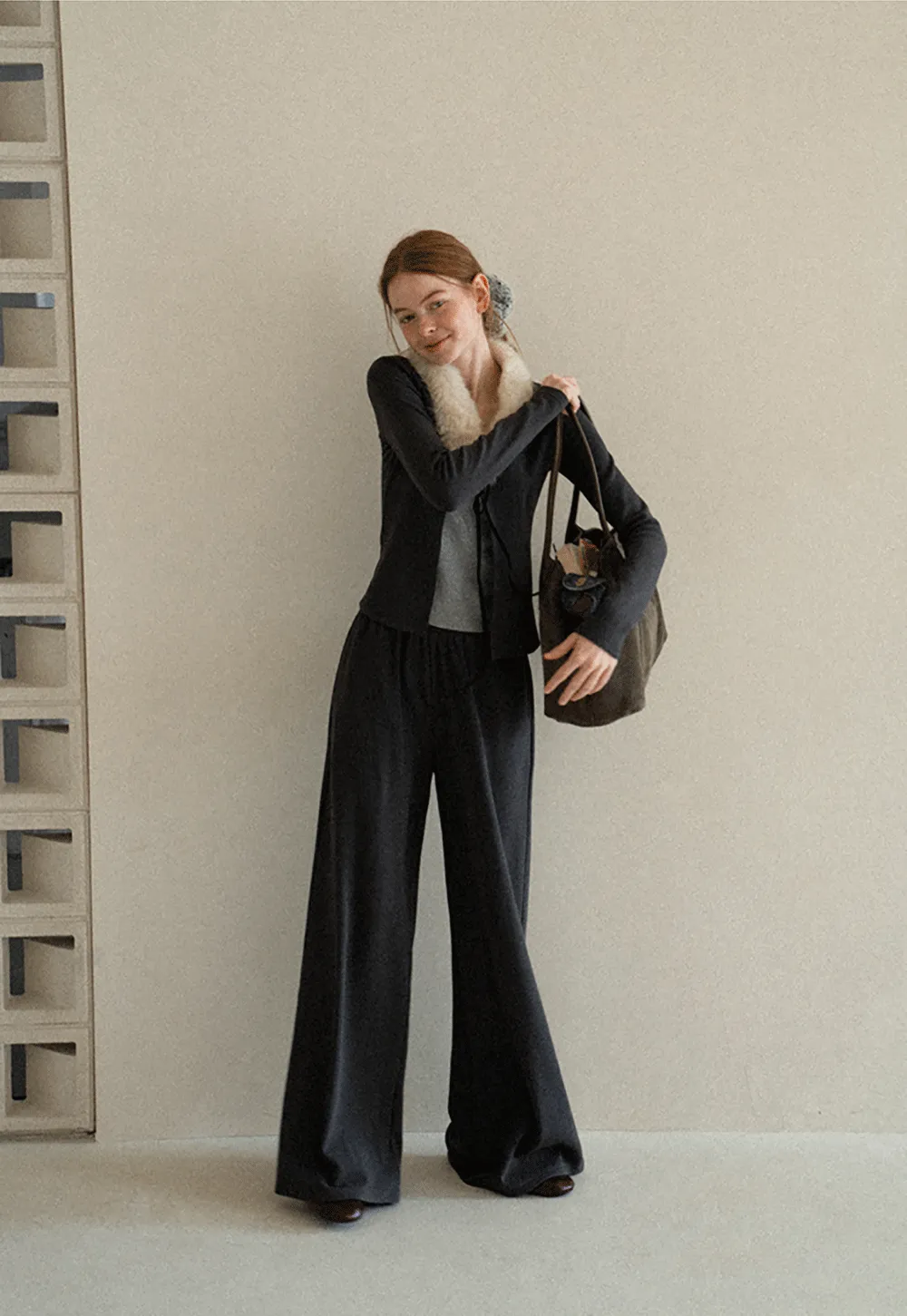 Faux Fur Collar Cardigan and Wide Leg Casual Pants