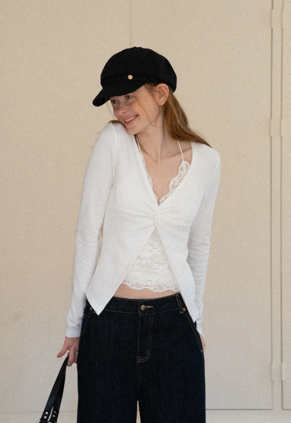 Lace Trim V Neck Cropped Knit Top