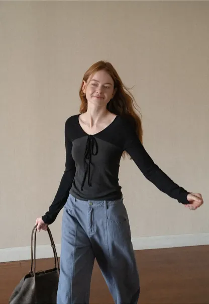 Contrast Panel Top with Tie Neck Detail
