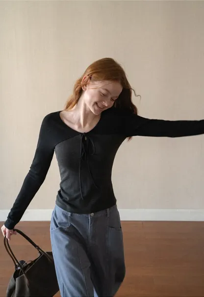 Contrast Panel Top with Tie Neck Detail