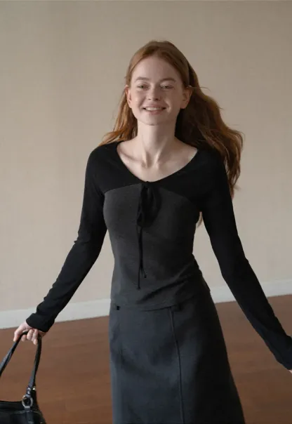 Contrast Panel Top with Tie Neck Detail