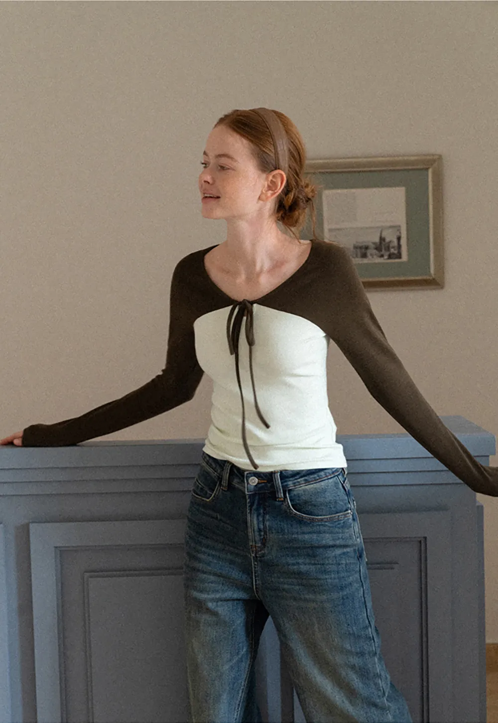 Contrast Panel Top with Tie Neck Detail