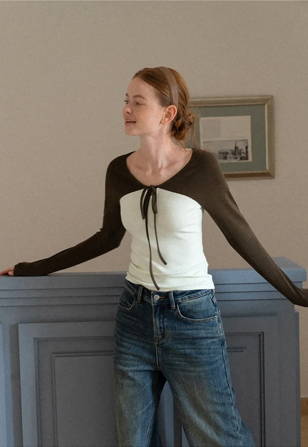 Contrast Panel Top with Tie Neck Detail