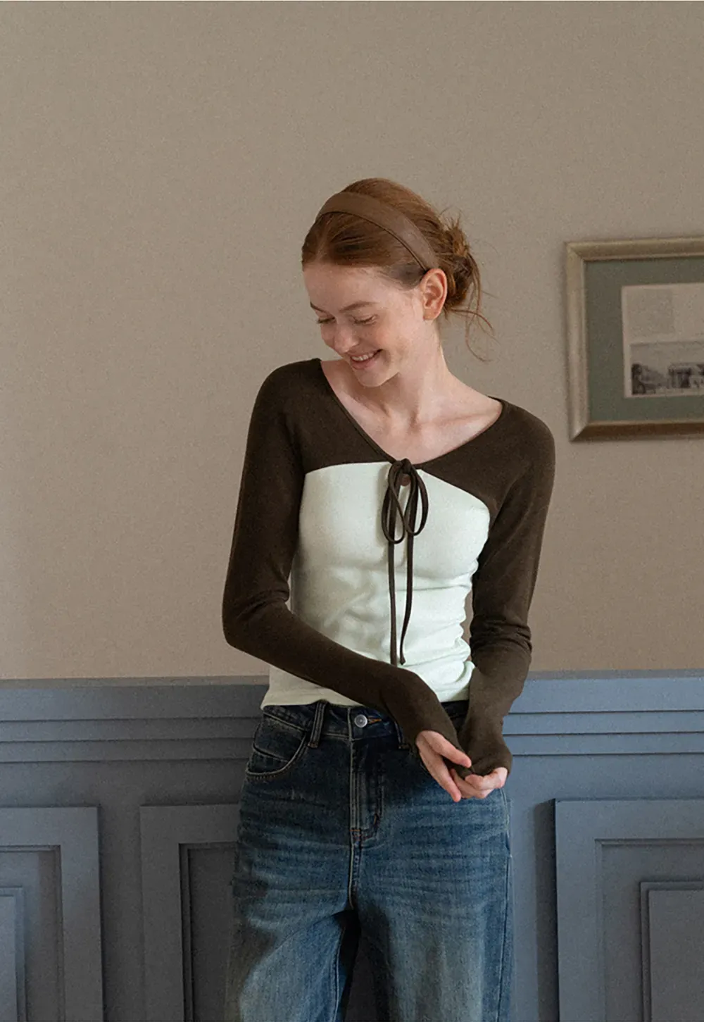 Contrast Panel Top with Tie Neck Detail