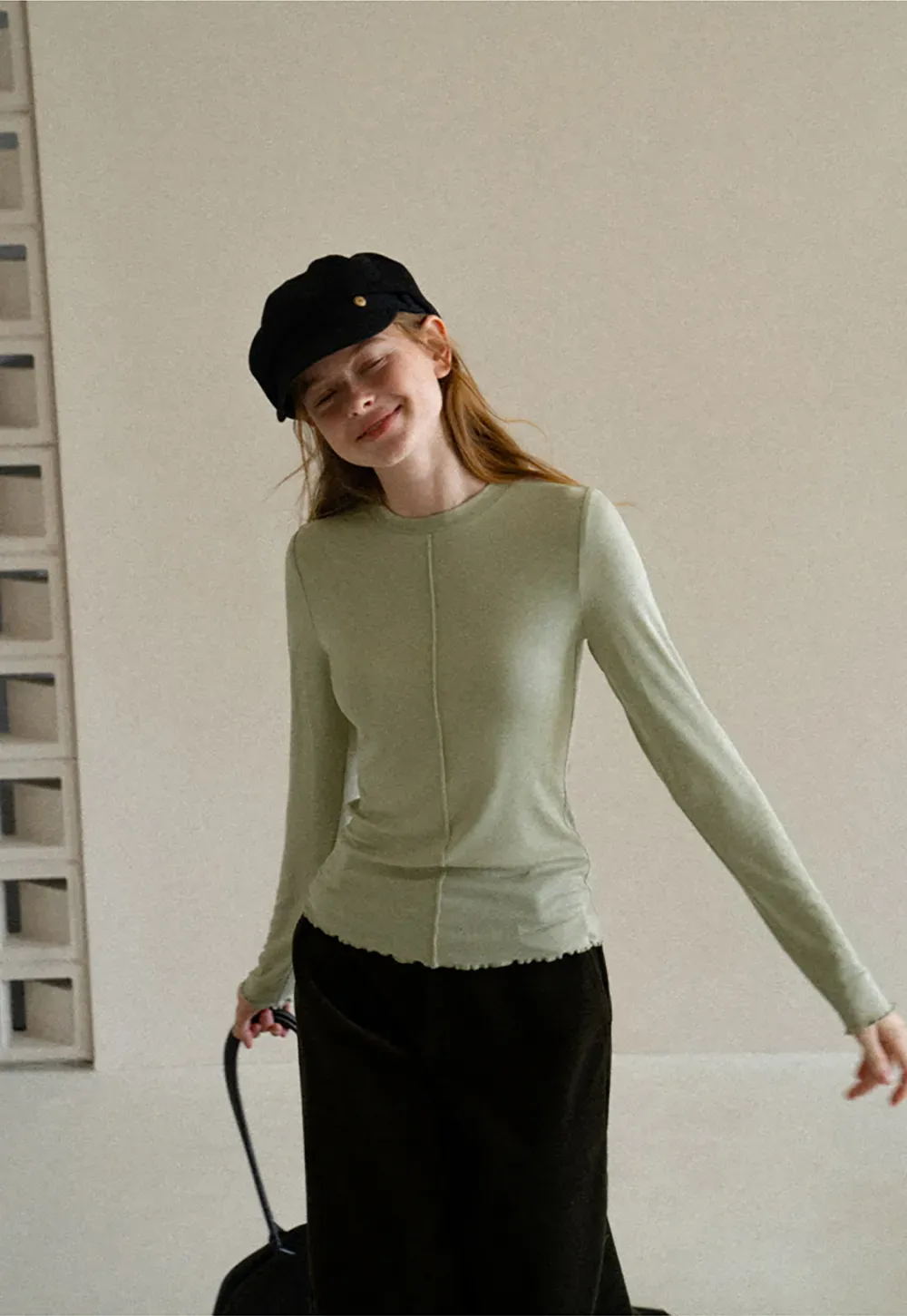 Seam Detail Long Sleeve Crew Neck Top