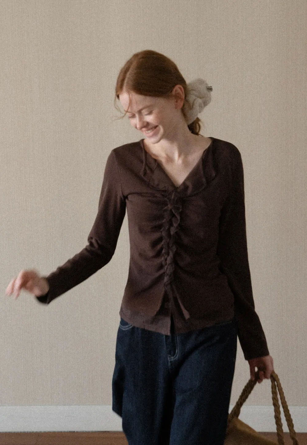 Ruched Front V Neck Long Sleeve Top