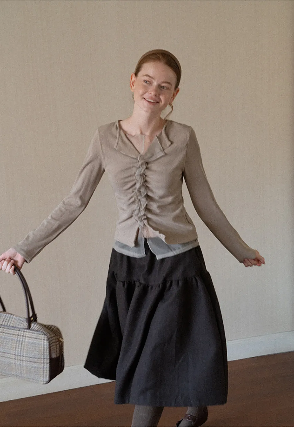 Ruched Front V Neck Long Sleeve Top