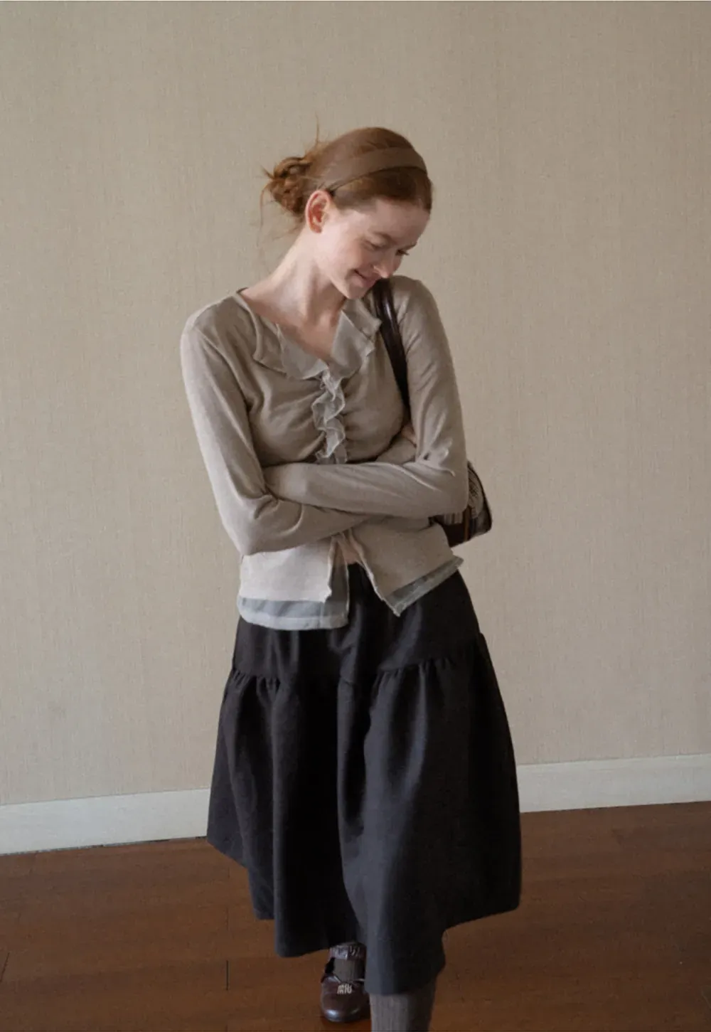 Ruched Front V Neck Long Sleeve Top