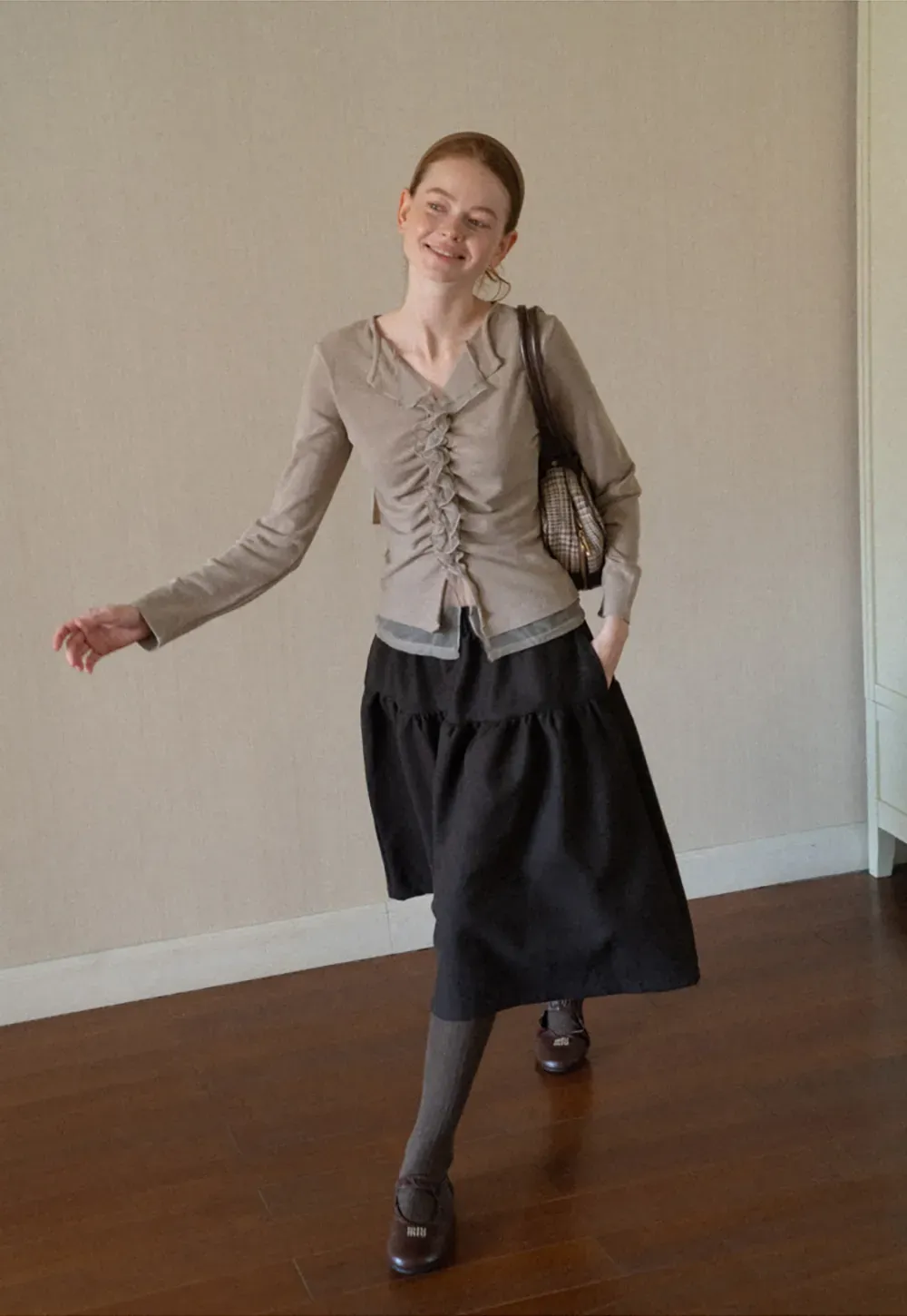 Ruched Front V Neck Long Sleeve Top