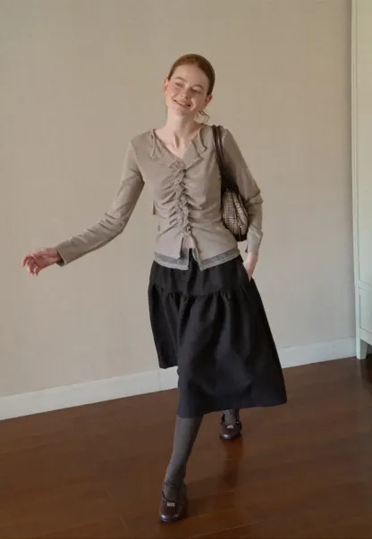 Ruched Front V Neck Long Sleeve Top