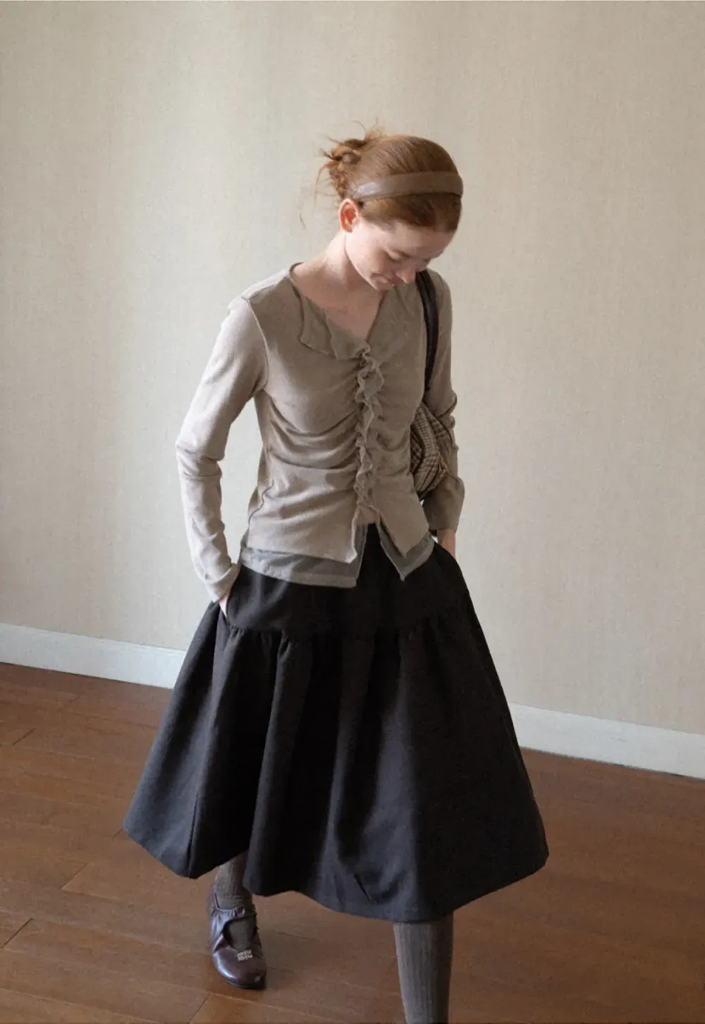 Ruched Front V Neck Long Sleeve Top