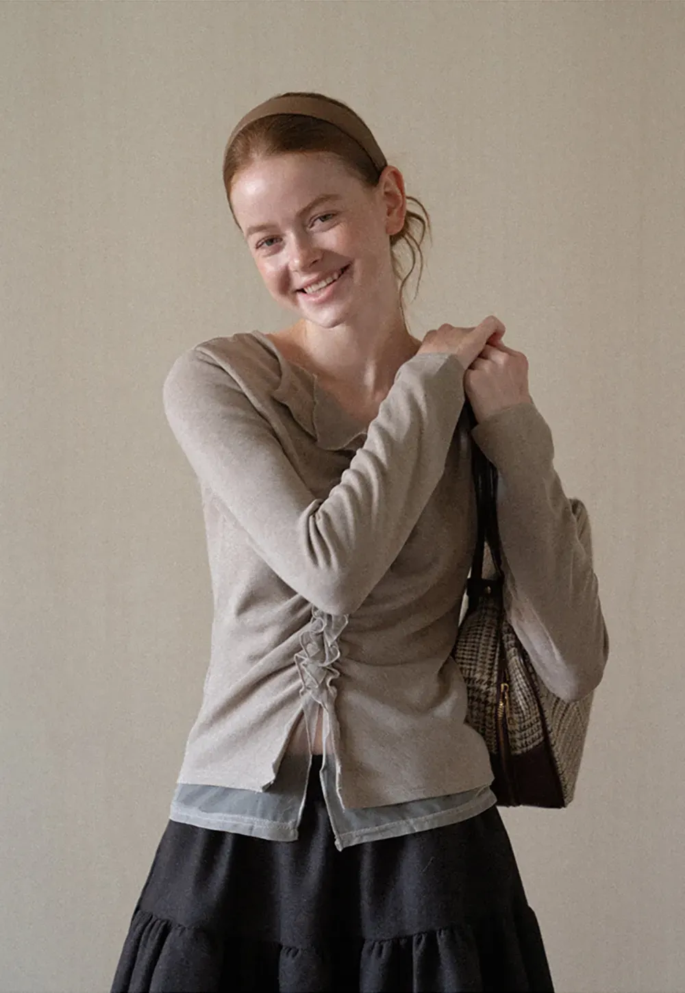 Ruched Front V Neck Long Sleeve Top