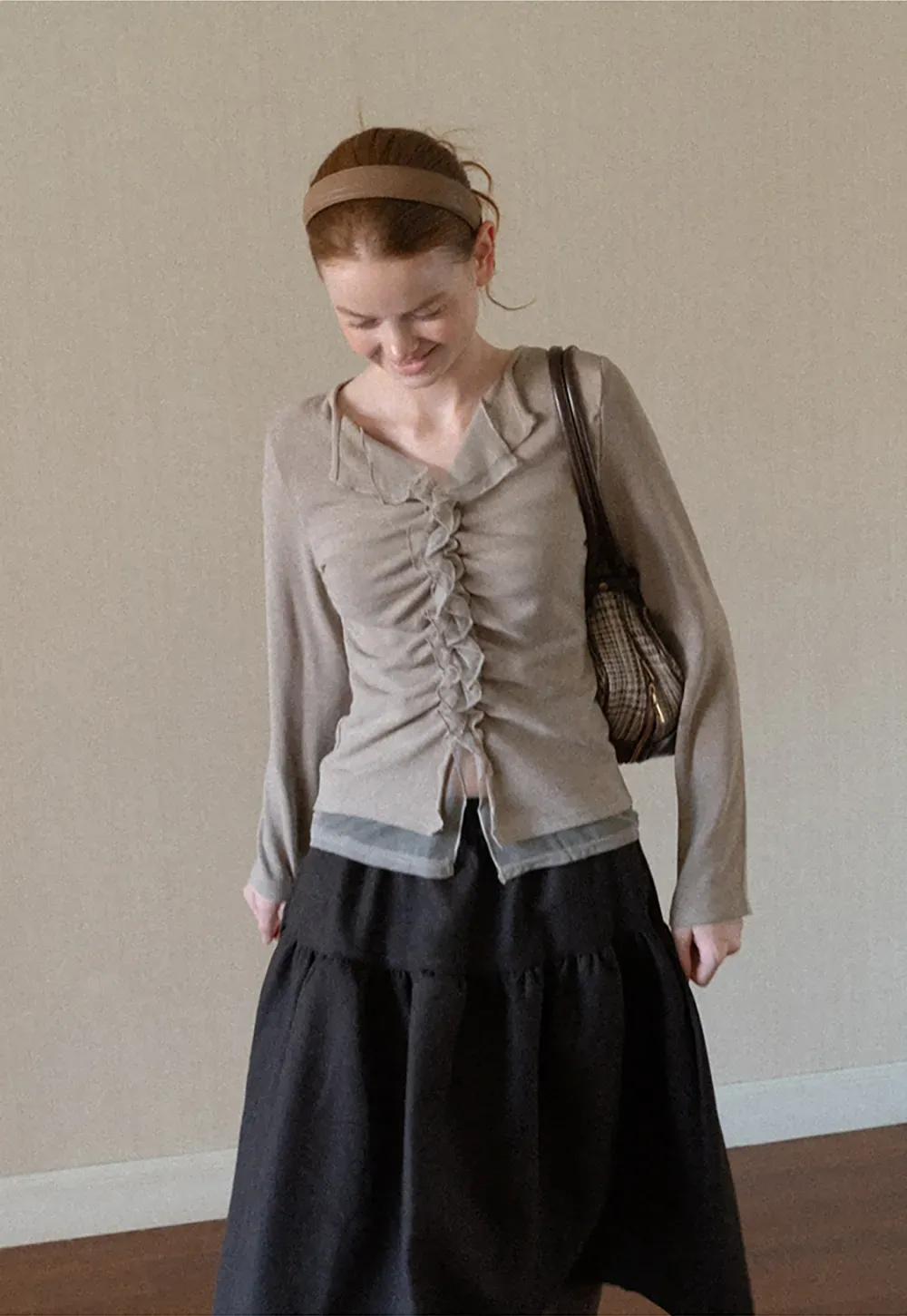 Ruched Front V Neck Long Sleeve Top