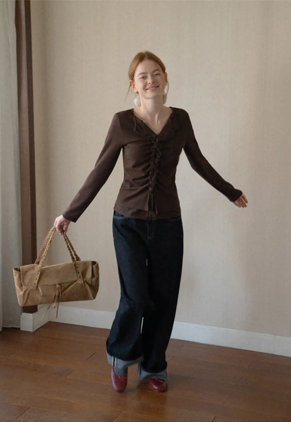 Ruched Front V Neck Long Sleeve Top