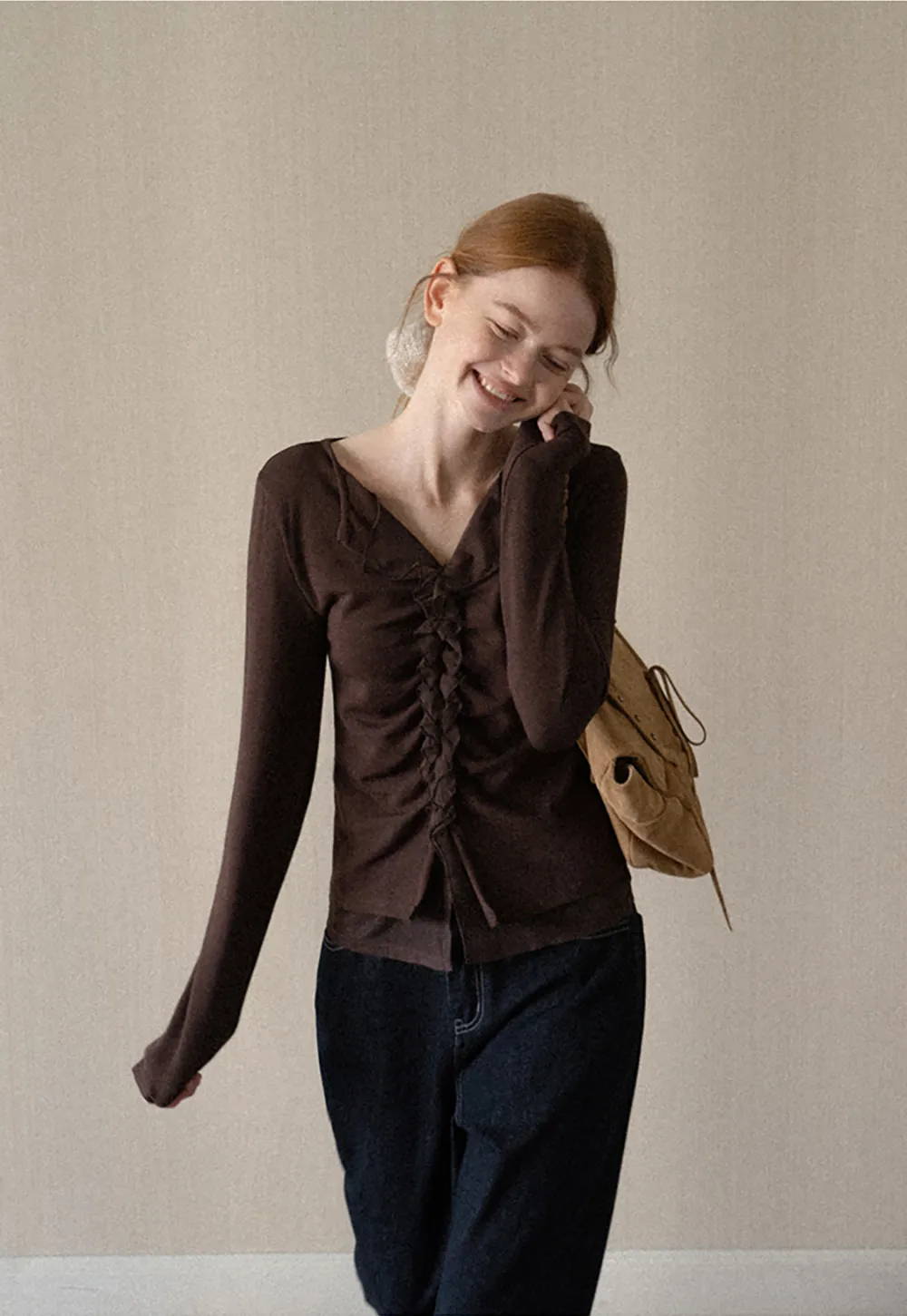 Ruched Front V Neck Long Sleeve Top