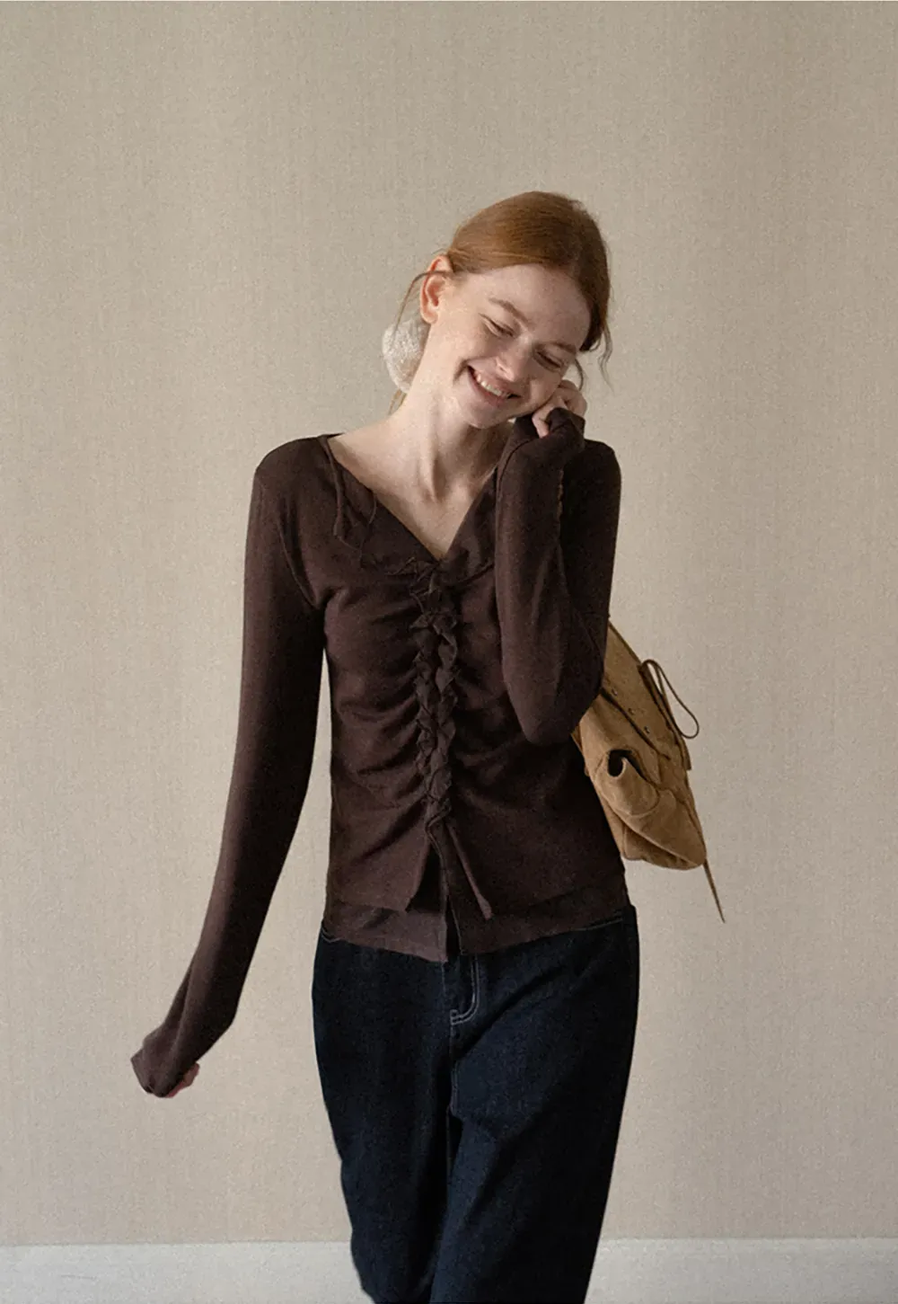Ruched Front V Neck Long Sleeve Top