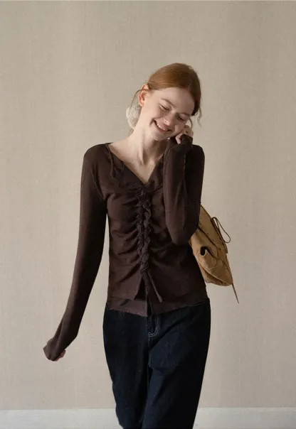 Ruched Front V Neck Long Sleeve Top