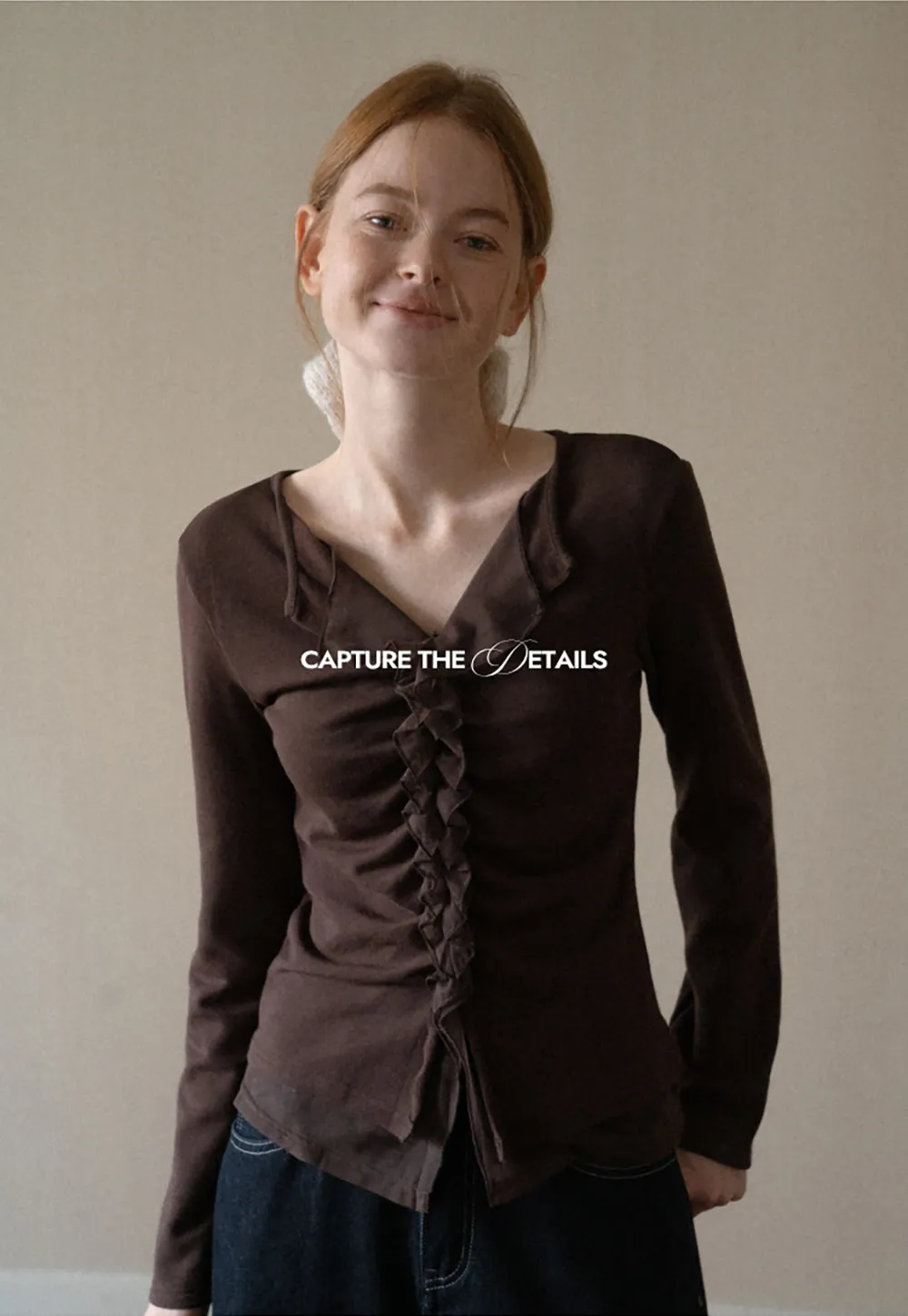 Ruched Front V Neck Long Sleeve Top