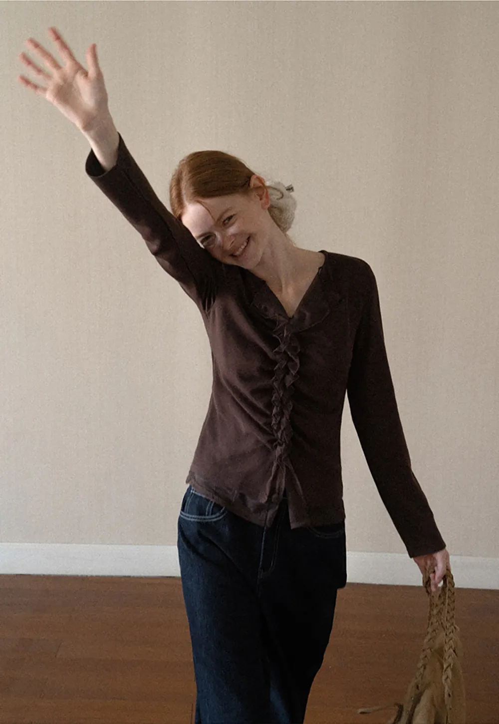 Ruched Front V Neck Long Sleeve Top