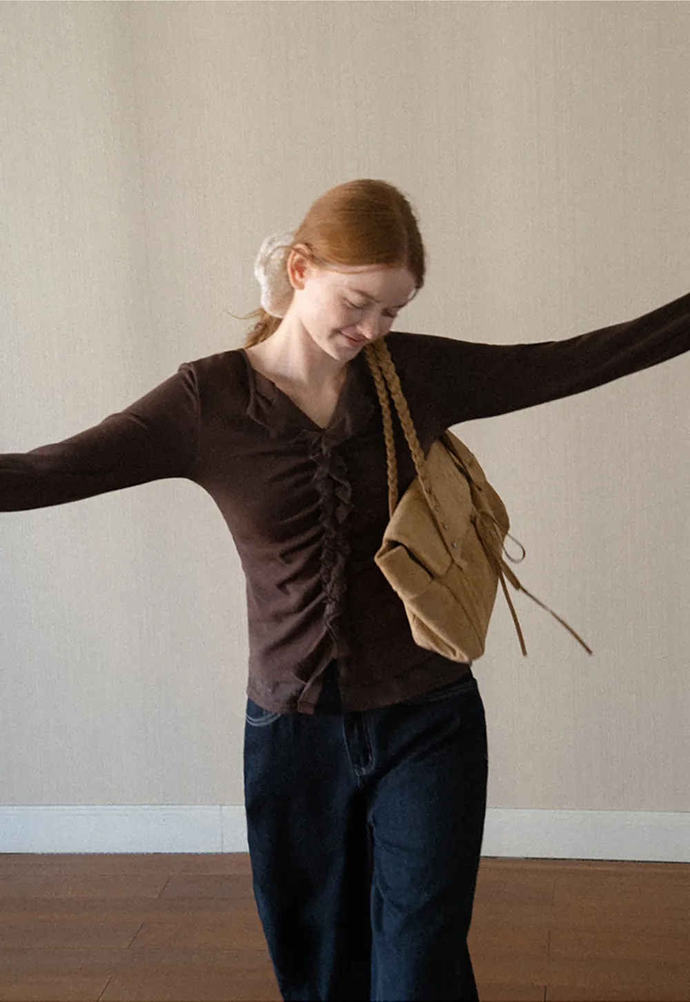 Ruched Front V Neck Long Sleeve Top
