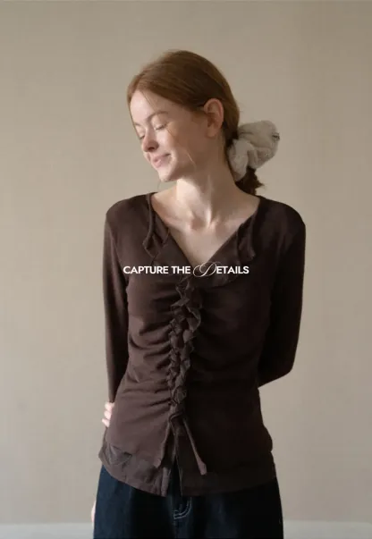 Ruched Front V Neck Long Sleeve Top