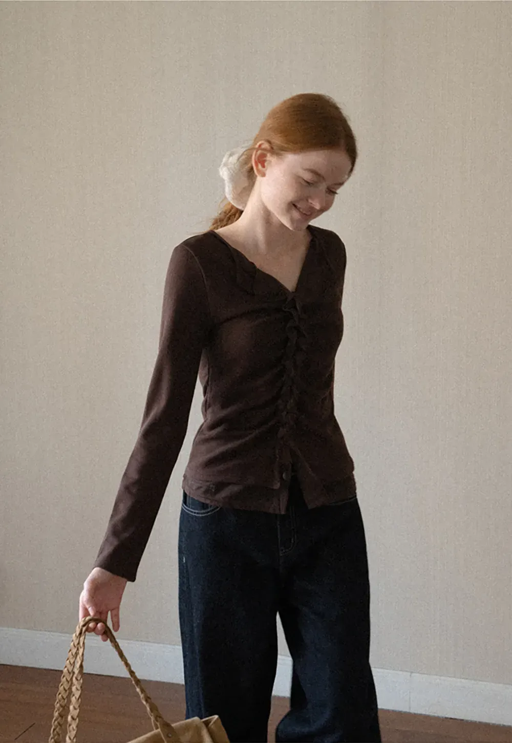 Ruched Front V Neck Long Sleeve Top