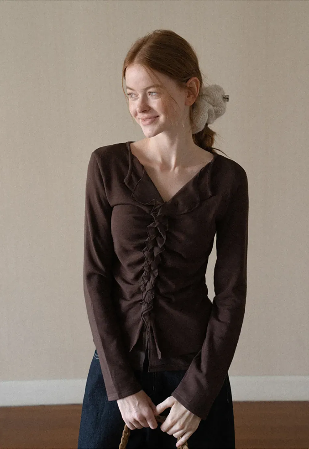 Ruched Front V Neck Long Sleeve Top