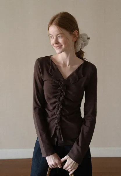 Ruched Front V Neck Long Sleeve Top