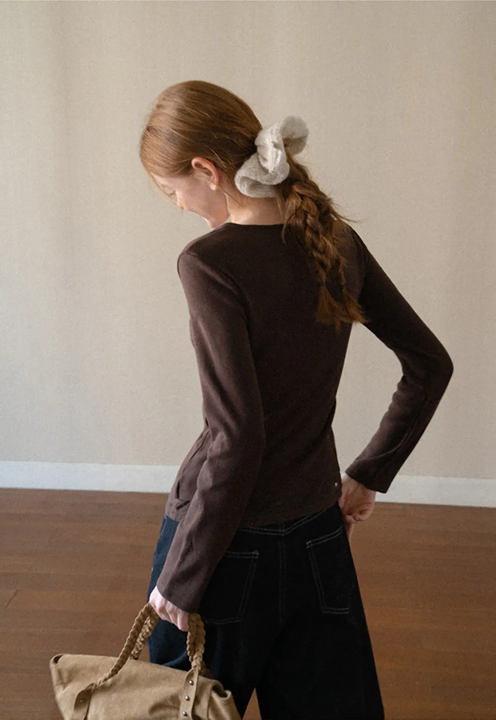 Ruched Front V Neck Long Sleeve Top