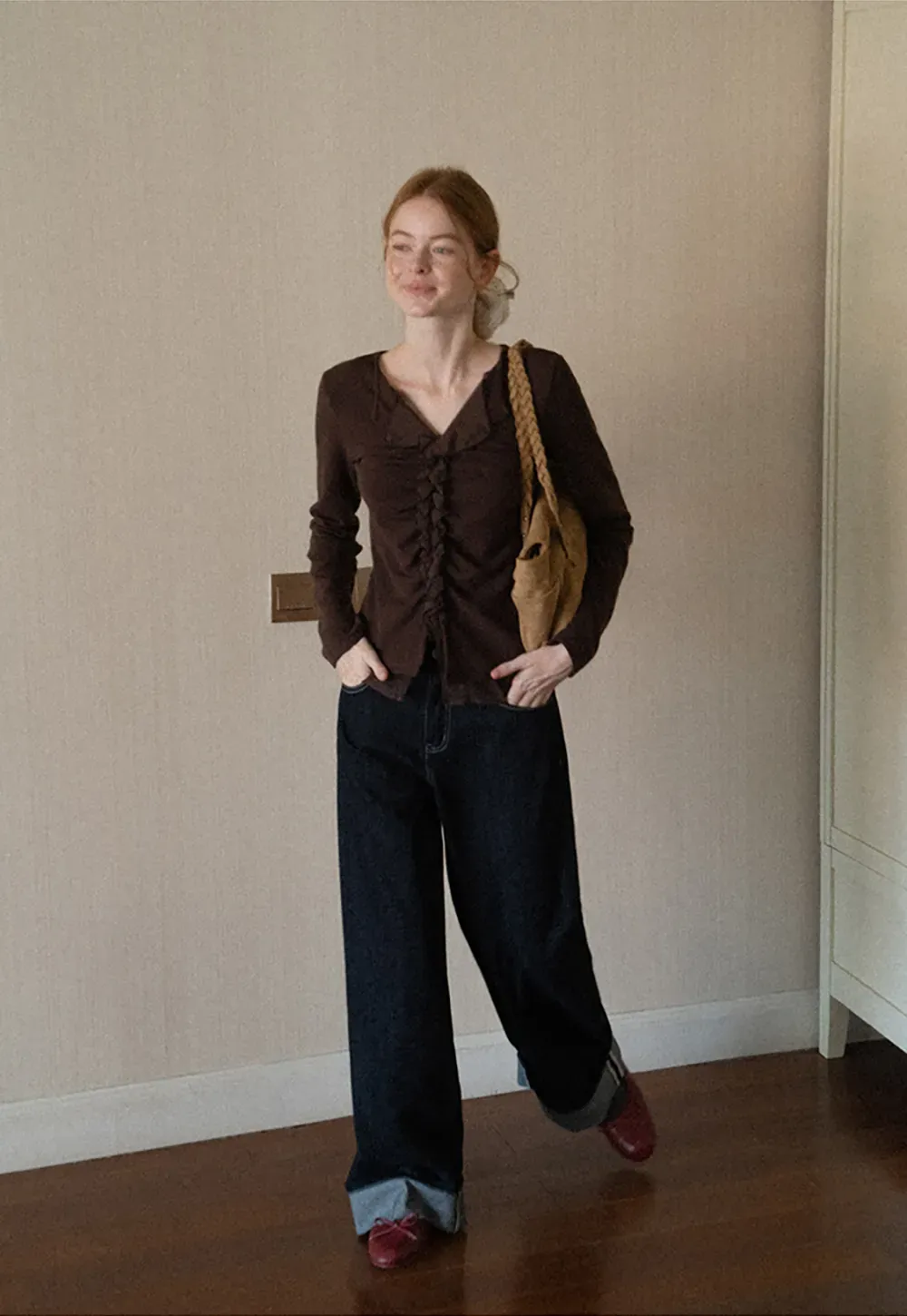 Ruched Front V Neck Long Sleeve Top