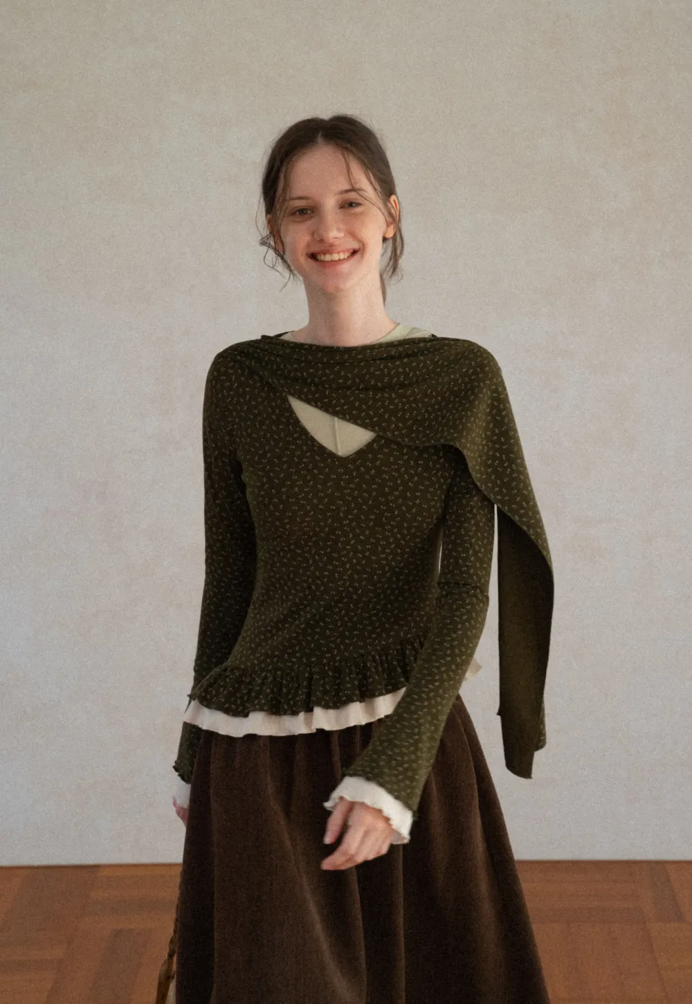 Pointelle Knit Asymmetrical Draped Top Tshirt