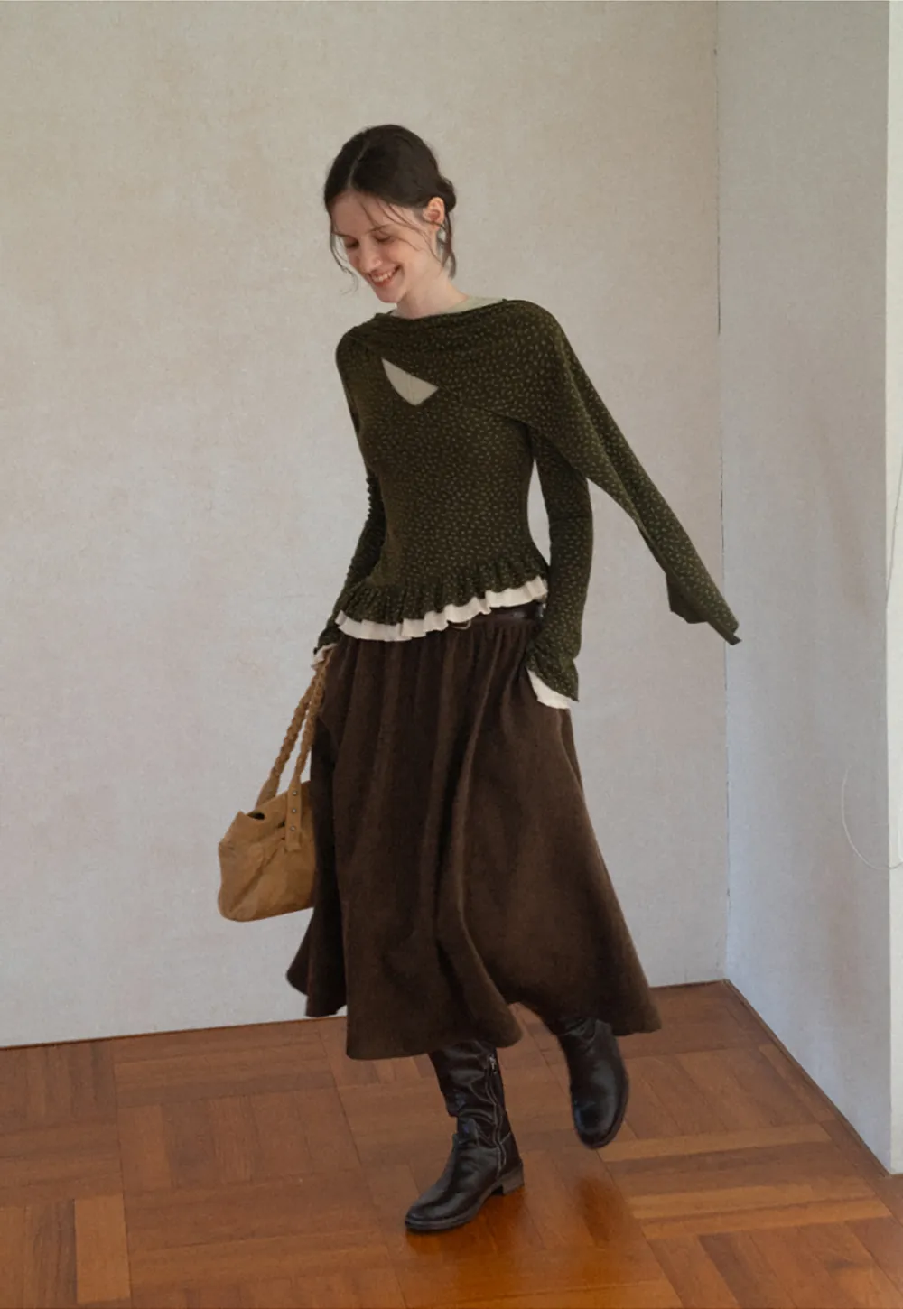 Pointelle Knit Asymmetrical Draped Top Tshirt