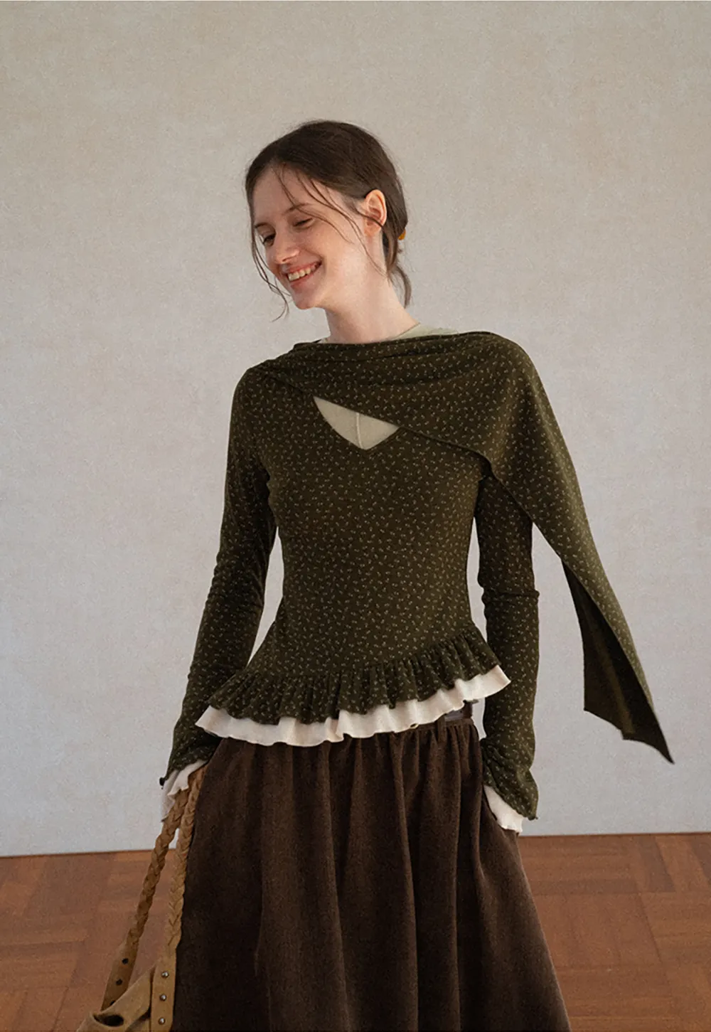 Pointelle Knit Asymmetrical Draped Top Tshirt
