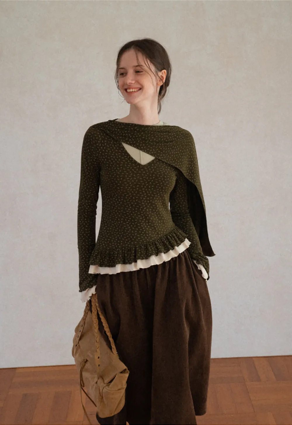 Pointelle Knit Asymmetrical Draped Top Tshirt