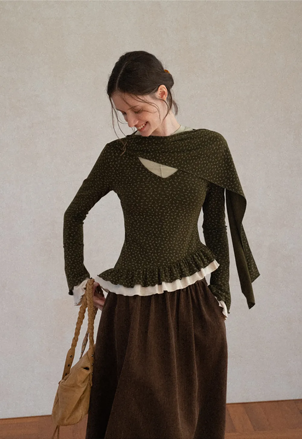 Pointelle Knit Asymmetrical Draped Top Tshirt
